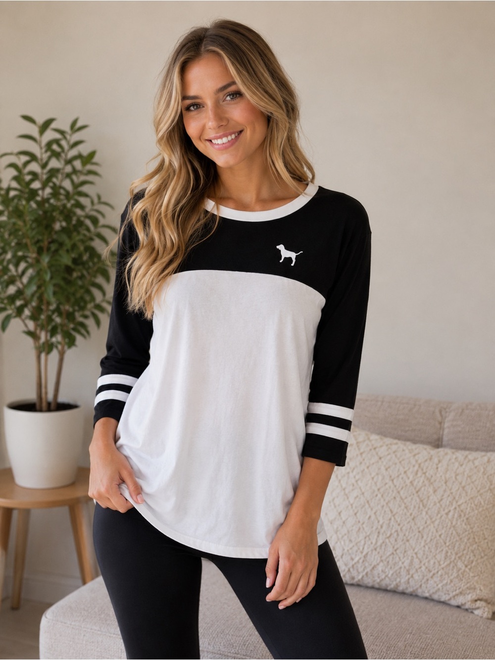 PINK Victoria’s Secret Black & White Varsity Stripe Long Sleeve Tee